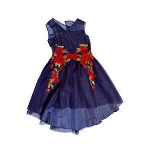 Nanette Lepore Girls Navy Floral Embroidered High-Low Party Dress – Size 7/8